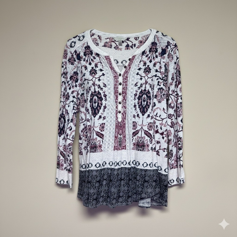 Lucky Brand Henley Top Women Large White Floral Paisley Boho Long Sleeve‎ Cotton